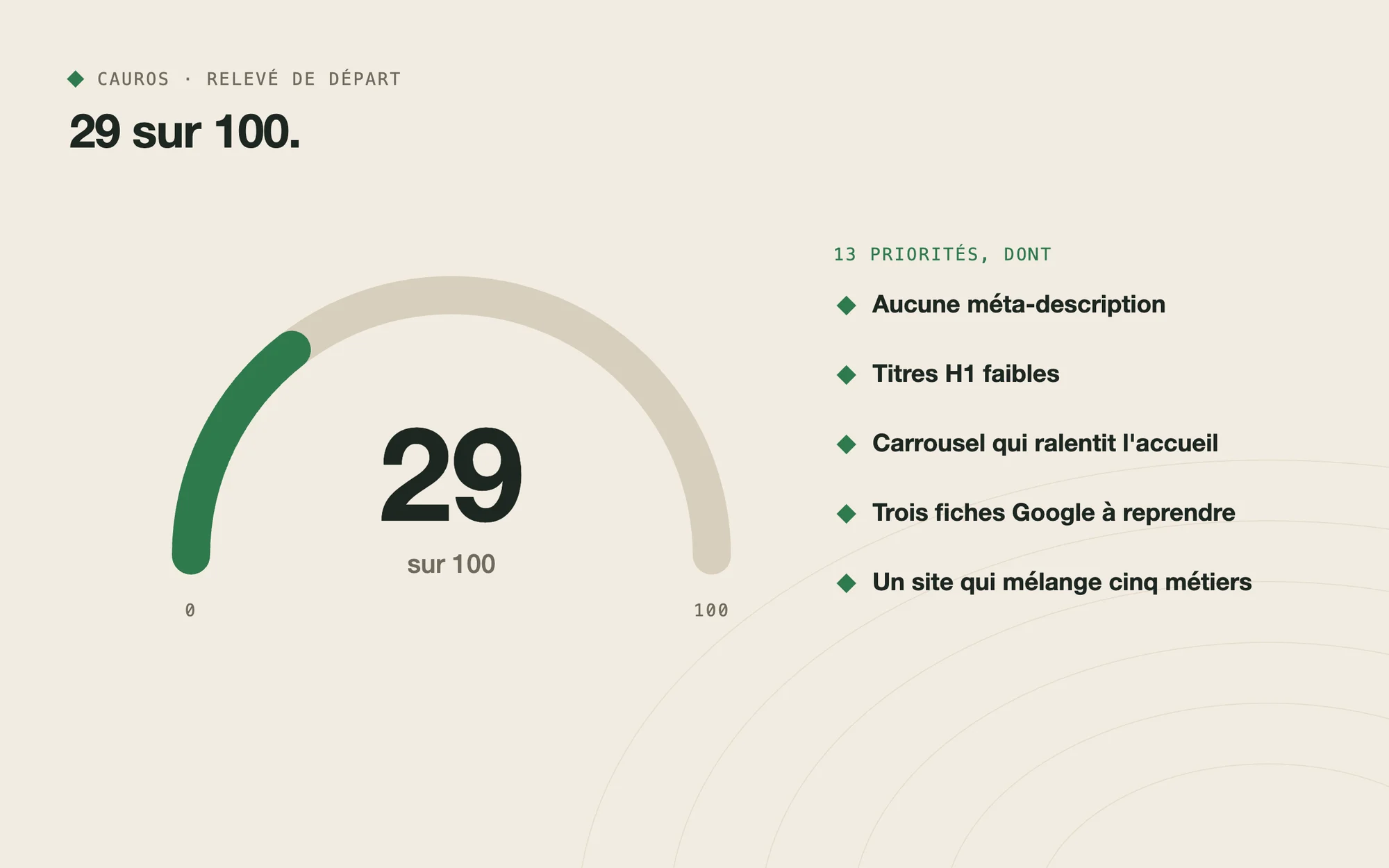 Score d'audit de départ : 29 sur 100, treize priorités