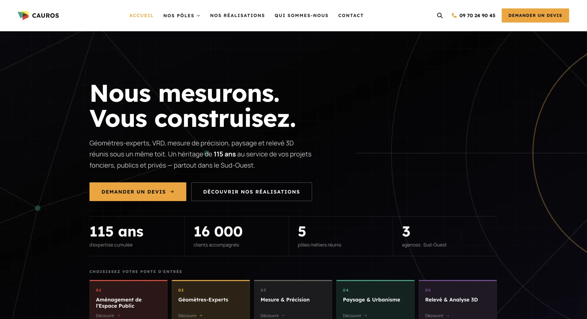 Nouvelle page d'accueil du site Cauros : Nous mesurons. Vous construisez.