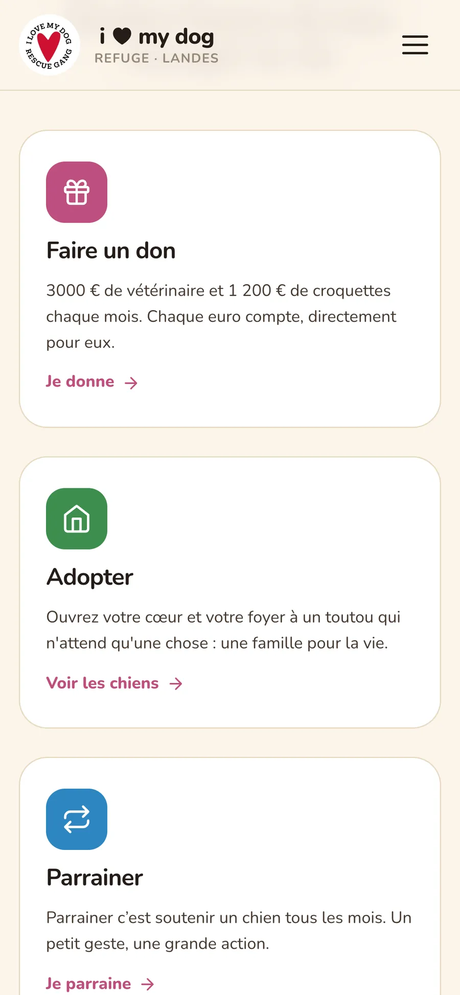 Page de don du refuge sur mobile
