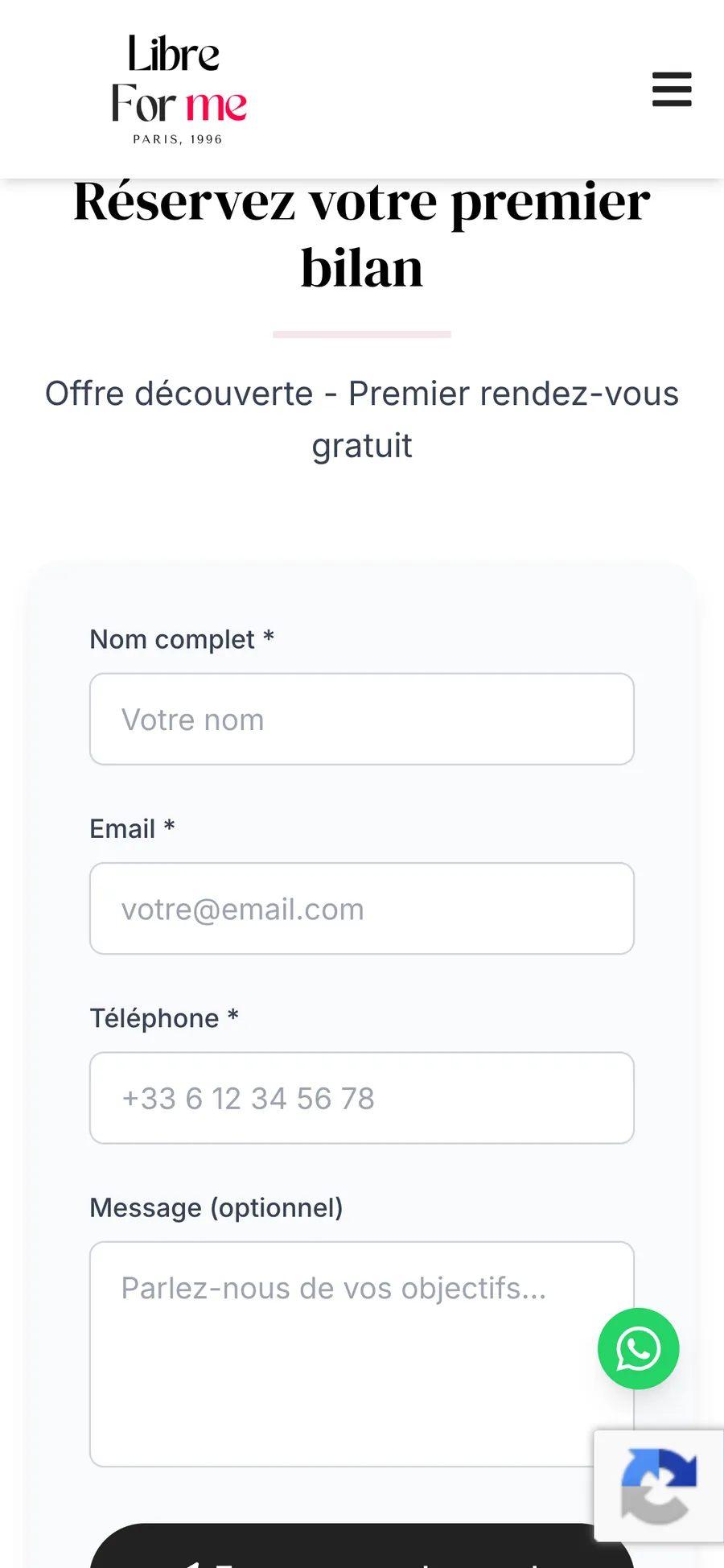 Formulaire de prise de rendez-vous Libre Forme 8