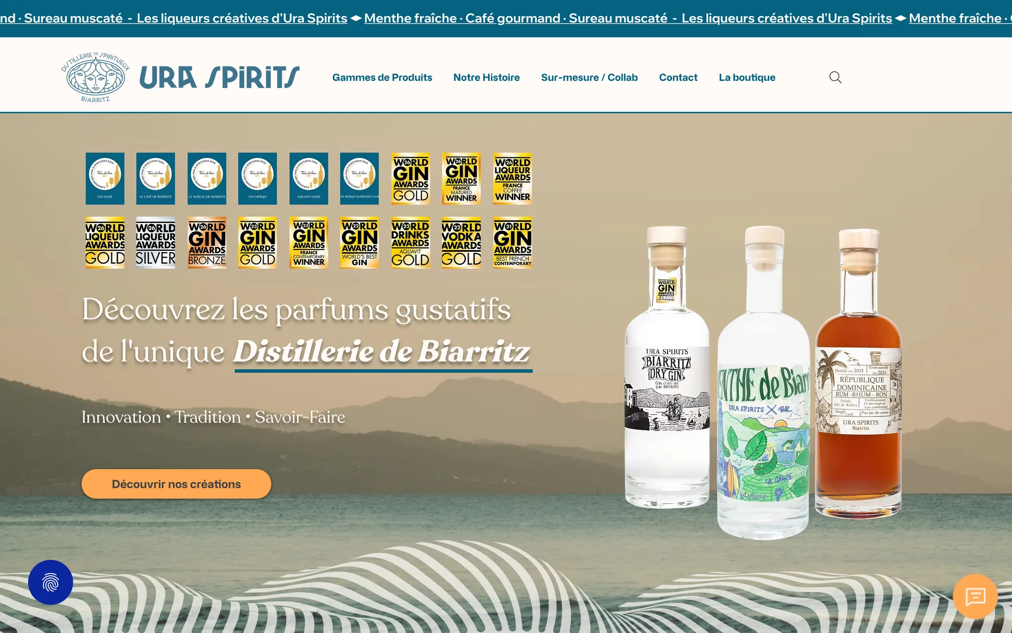 Page d'accueil du site Ura Spirits, distillerie de Biarritz